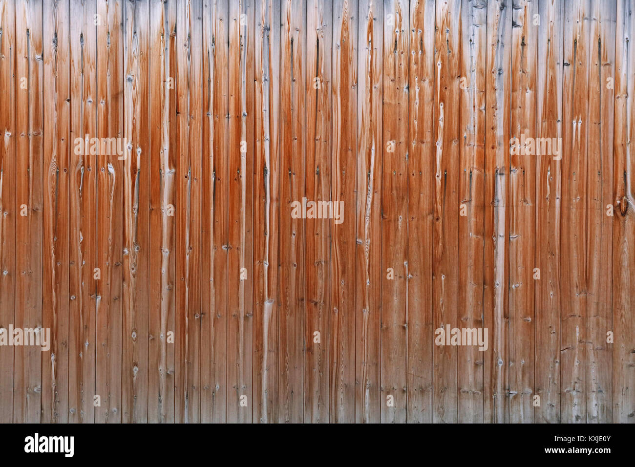 Nahaufnahme Hintergrund Textur des alten Vintage Brown verwitterten Vertikale geknotet Holzbrett Zaun oder Mauer Stockfoto