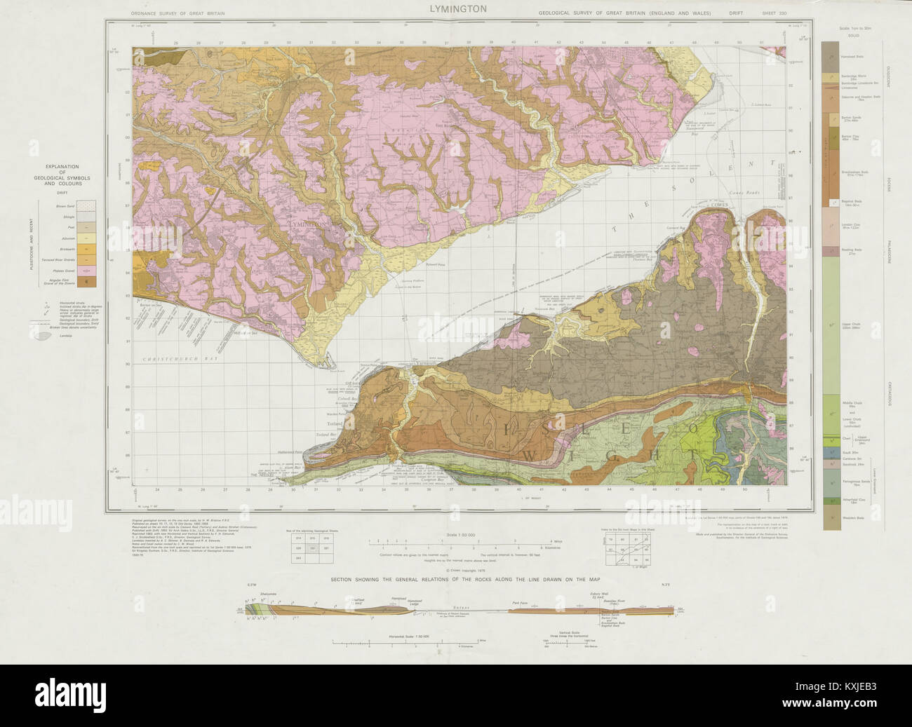 Lymington geological survey Sheet 330 Isle of Wight Yarmouth Cowes Karte 1975 Stockfoto