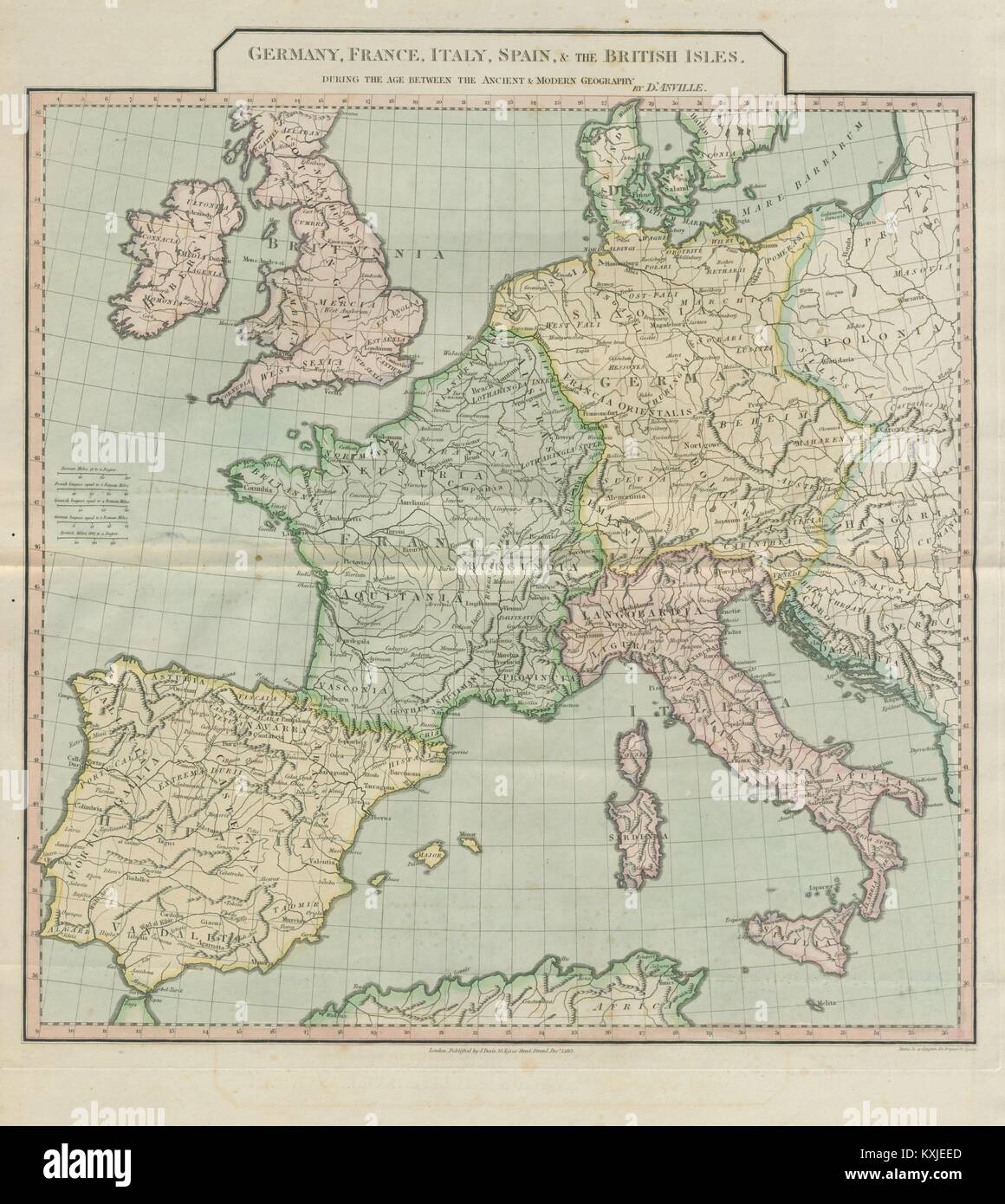 Westeuropa" zwischen der Alten und der Modernen Geographie". D'Anville 1815 Karte Stockfoto