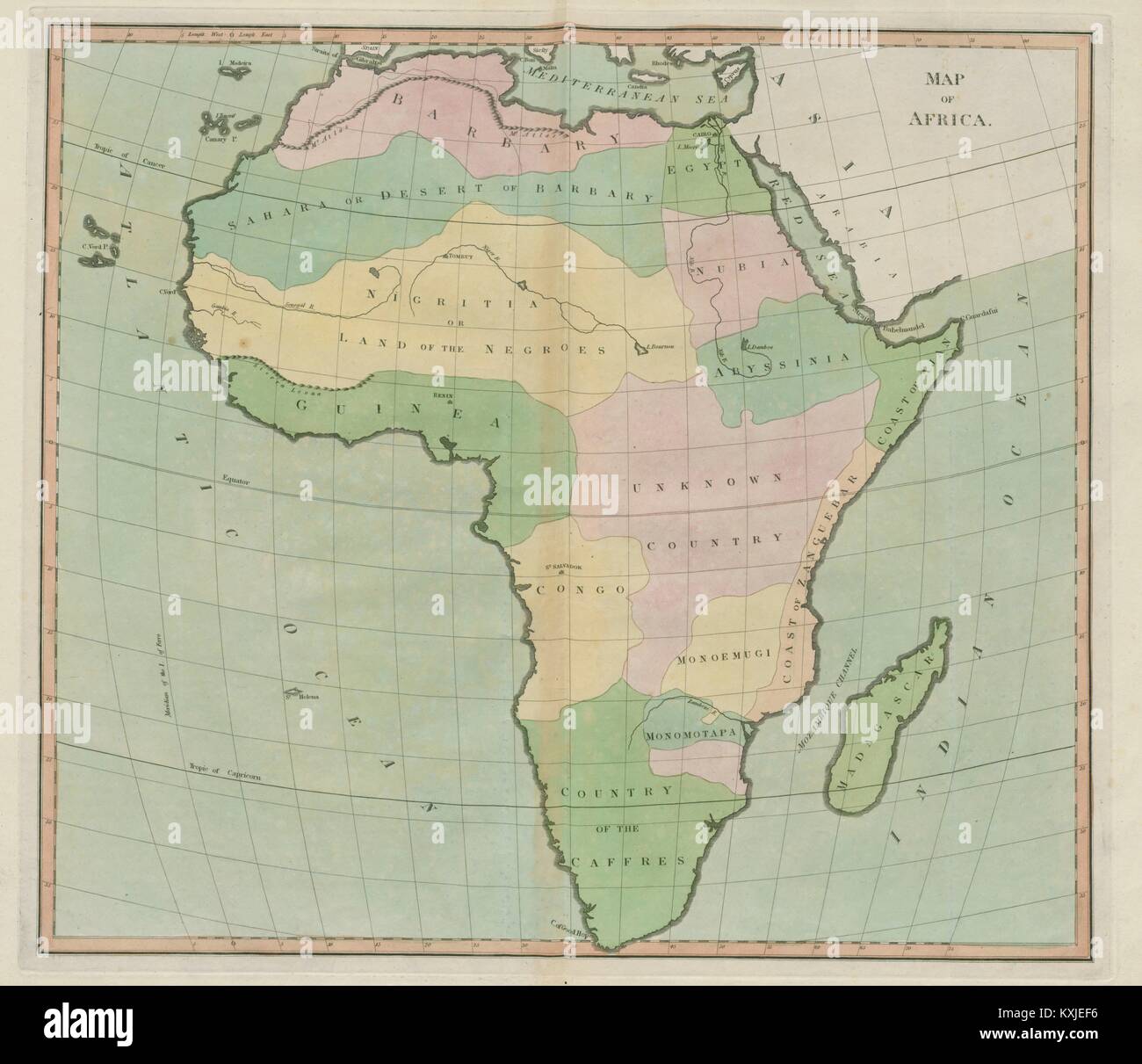 'Map Afrikas' Caffres unbekannt Kongo Nigritia Monoemugi Ajan. D'Anville 1815 Stockfoto