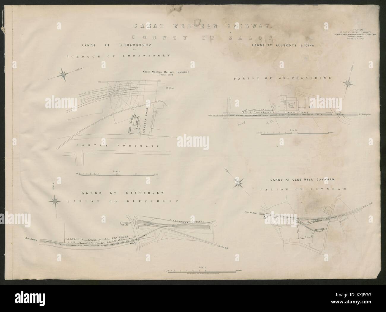 GWR Bahn planen. Shrewsbury Bitterley Clee Allscott Abstellgleis Shrops 1904 Karte Stockfoto