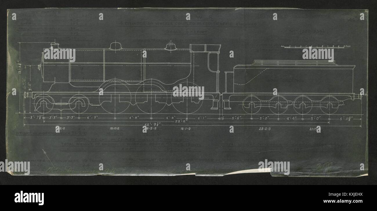 4-6-0 Lokomotive Zeichnung L&SWR 4-Zylinder Nr. 330-334 Engineering plan c 1920 Stockfoto