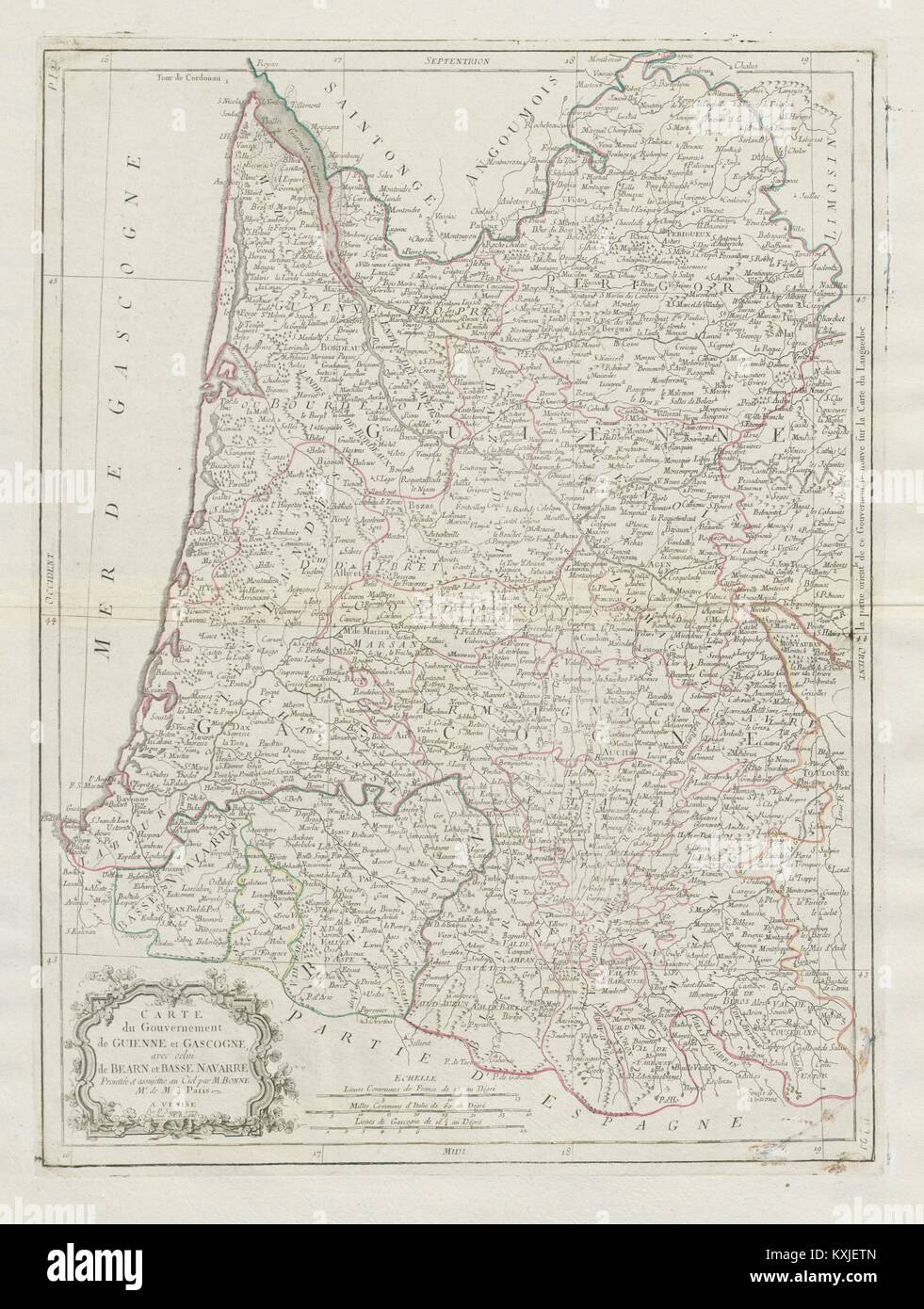 "Regierung de Guienne et Gascogne …". Aquitaine Gascogne. SANTINI/BONNE 1784 Karte Stockfoto