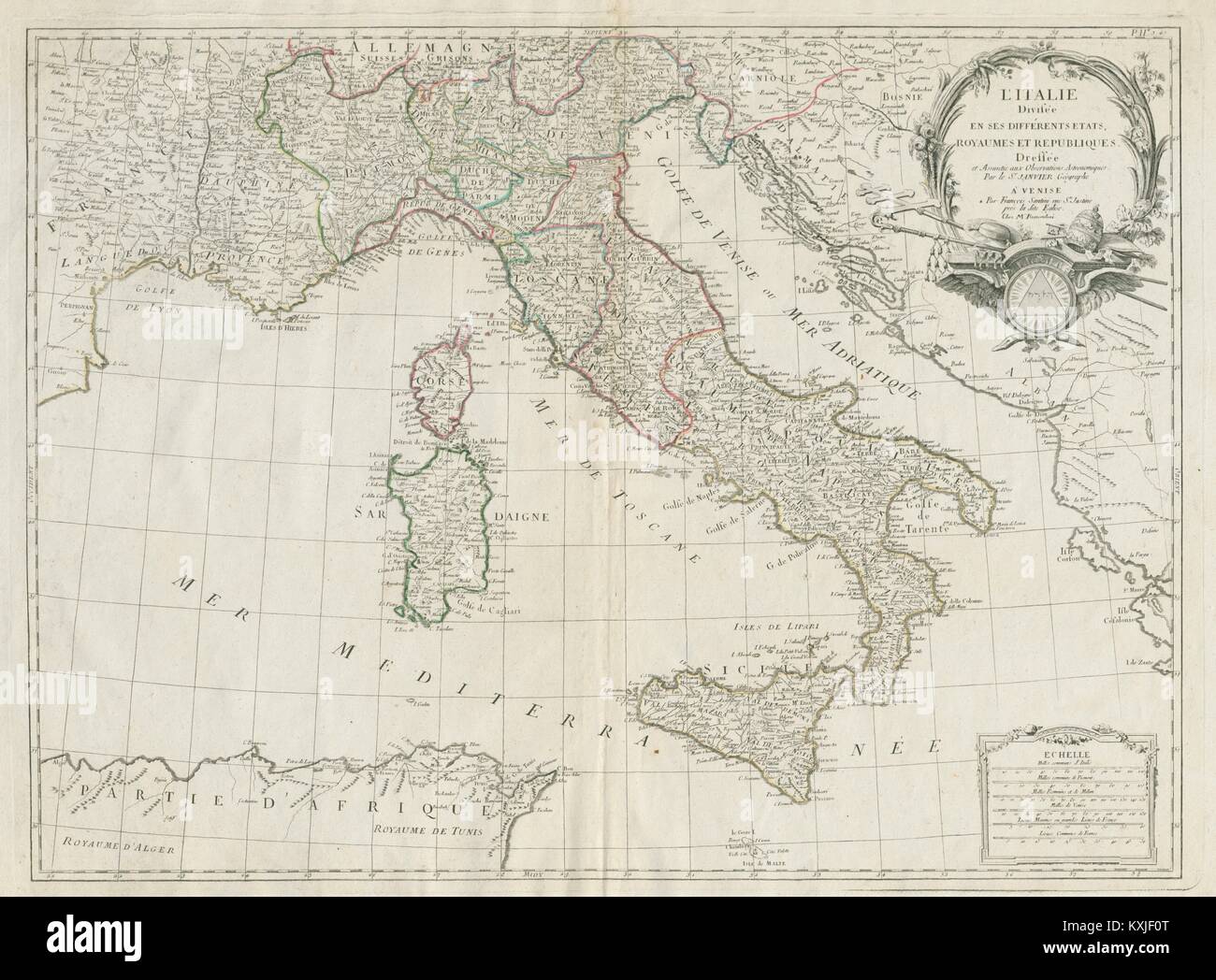 'L'Italie Divisée en ses différents Etats ..." Italien. SANTINI/Janvier 1784 Karte Stockfoto