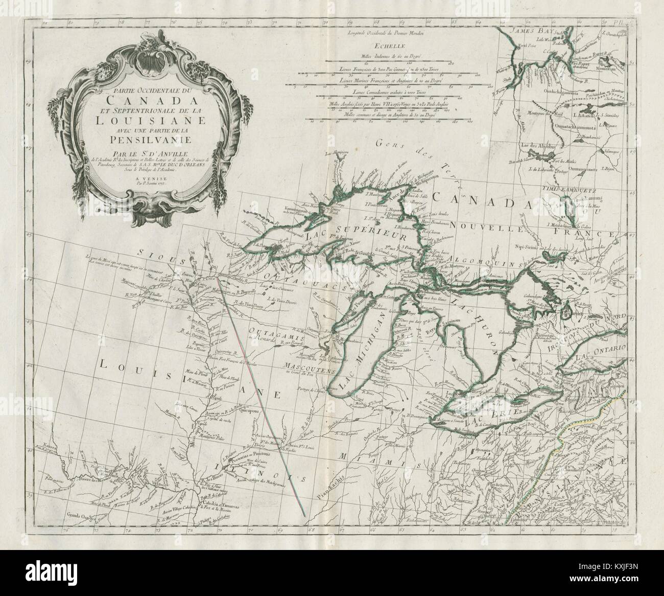 "Partie Occidentale du Canada…' Great Lakes Mittelwesten. SANTINI/D'Anville 1784 Karte Stockfoto