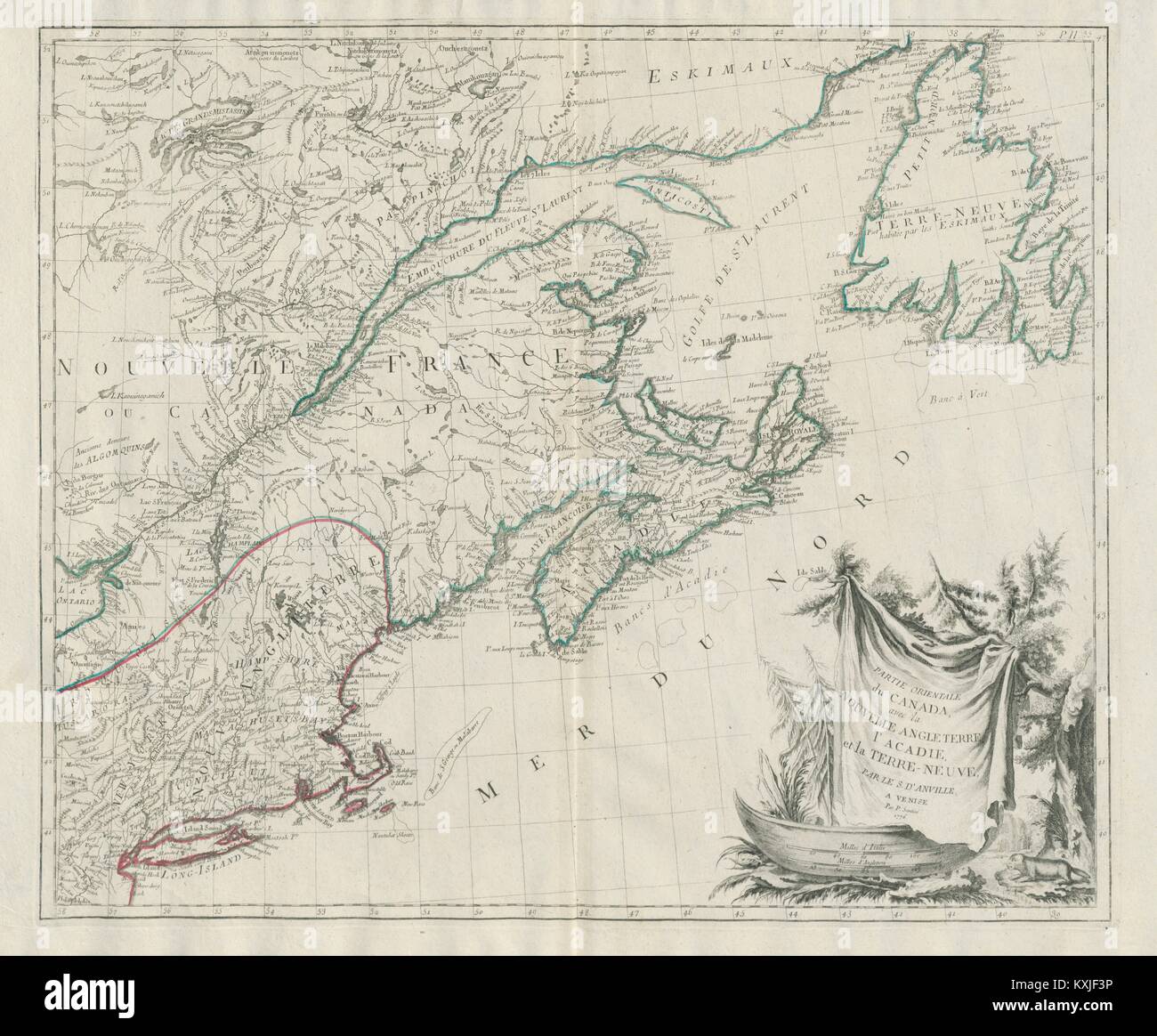 "Als Nebenklägerin Orientale du Canada…' New England & Maritimes SANTINI/D'Anville Karte 1784 Stockfoto