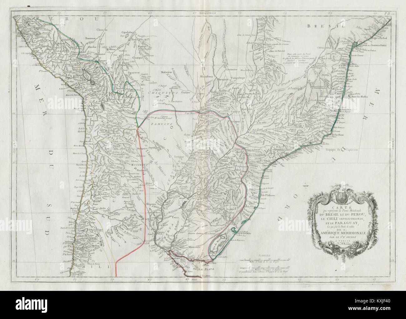 'La Partie méridionale du Brésil et du Perou'. SANTINI/D'Anville 1784 alte Karte Stockfoto
