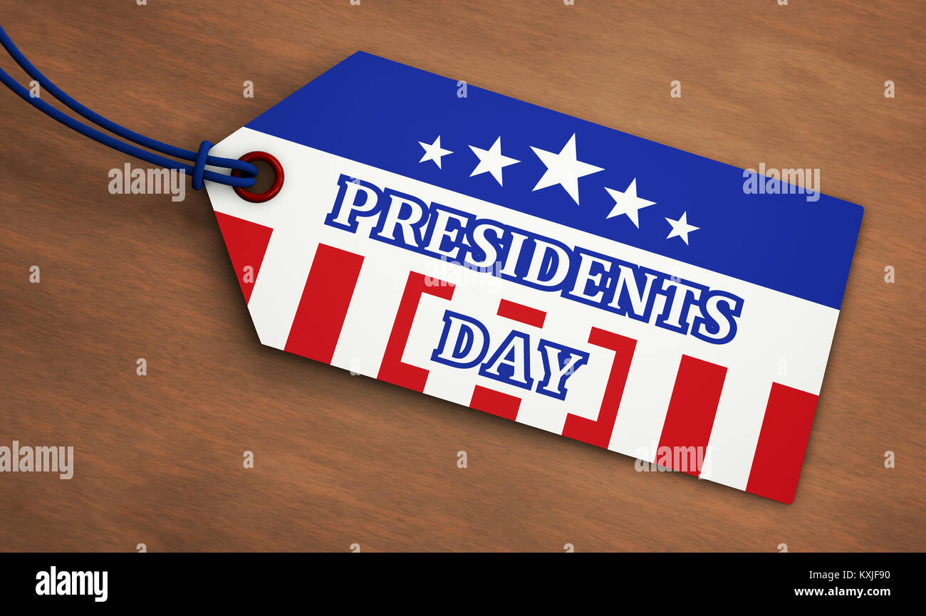 Präsidenten Tag USA Urlaub verkauf Konzept mit amerikanischer Flagge Farben und Zeichen auf einem papieretikett Tag 3D-Abbildung. Stockfoto
