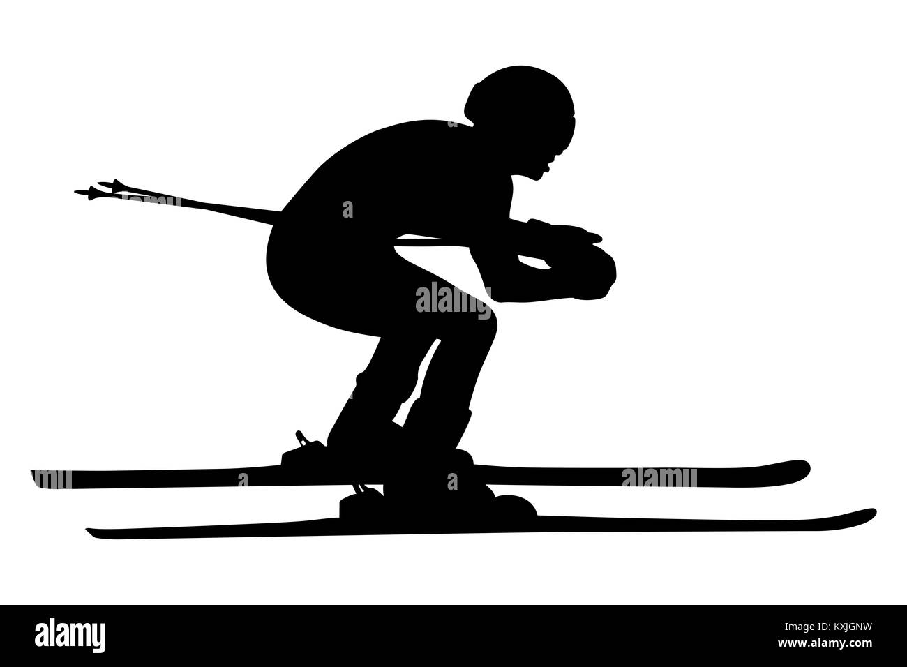 Schwarze silhouette Sportler Skifahrer mit Ski alpin Slalom Stockfoto