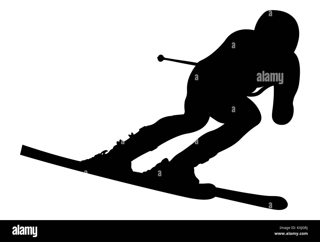 Dynamische Sportler Skifahrer mit Ski alpin Abfahrt Stockfoto