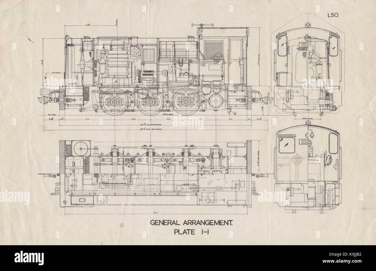 Lokomotive Plan abschnitt Zeichnung. Platte I-I. L 50. Meterspur. Bahn Bahn 1930 Stockfoto