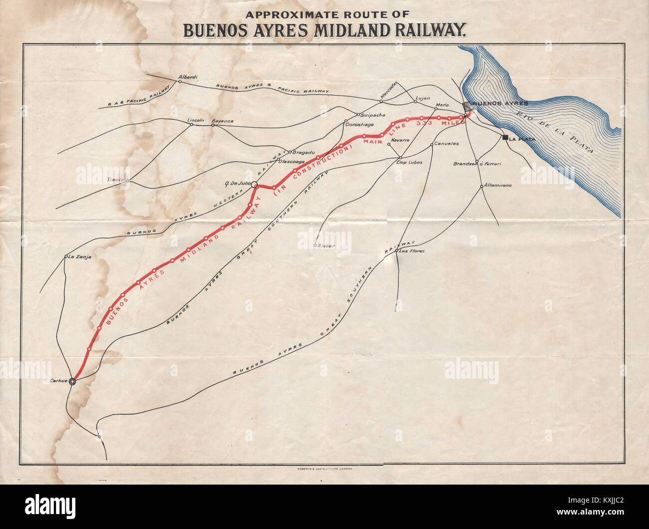 Buenos Ayres Midland Railway Route Map Ferrocarril Midland de Buenos Aires c 1908 Stockfoto