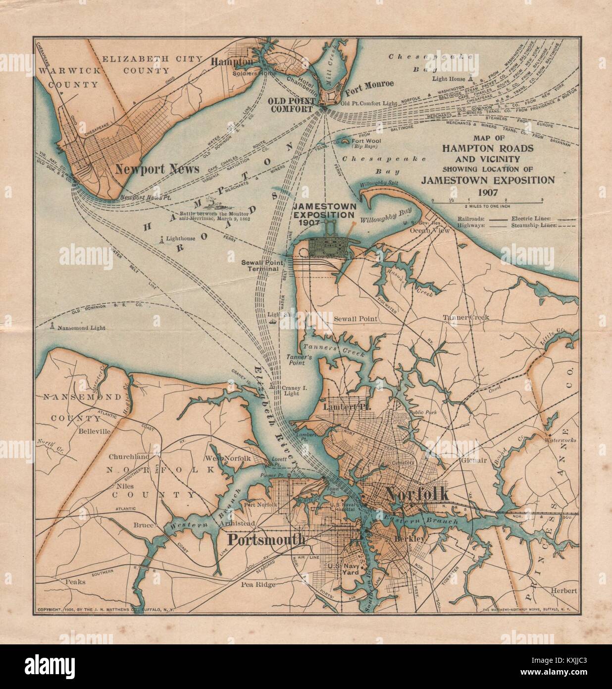 Hampton Roads & Umgebung. Jamestown Exposition 1907. Norfolk, Virginia 1906 Karte Stockfoto
