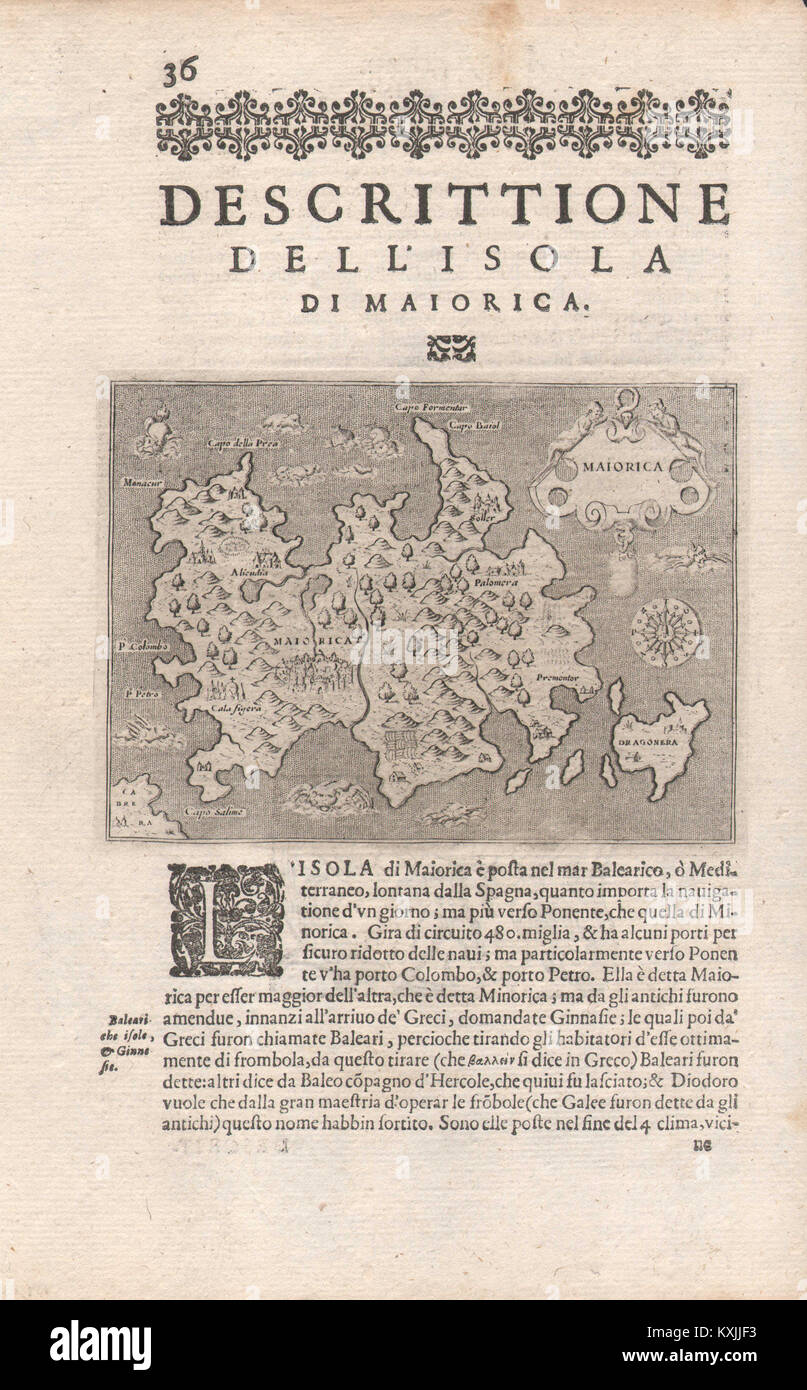 "Escrittione dell'Isola tun PORCACCHI Maiorica" durch. Mallorca c1620-Karte Stockfoto