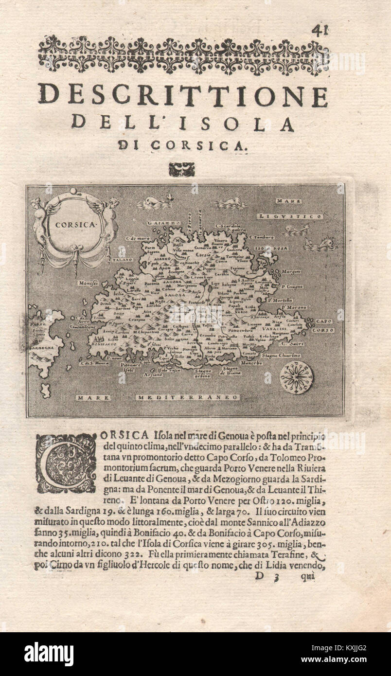 "Escrittione dell'Isola di Korsika". PORCACCHI. Frankreich 1620 alte antike Karte Stockfoto