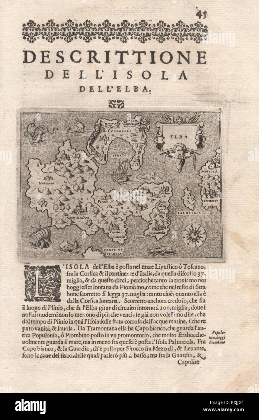 "Escrittione dell'Isola dell'Elba'. PORCACCHI. Italien 1620 alte antike Karte Stockfoto