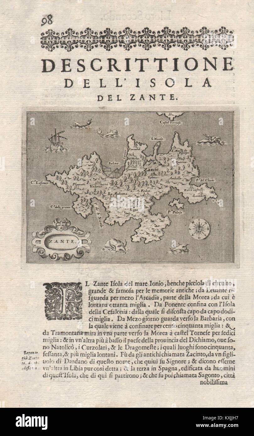 "Escrittione dell'Isola del Zante". PORCACCHI. Zakynthos Ionische 1620 alte Karte Stockfoto