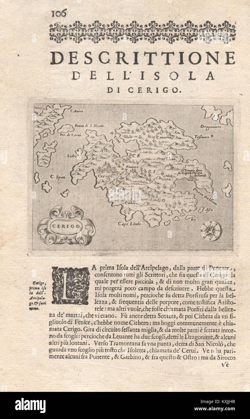 "Escrittione dell'Isola di Cerigo". PORCACCHI. Kithira Ionische Griechenland 1620 Karte Stockfoto