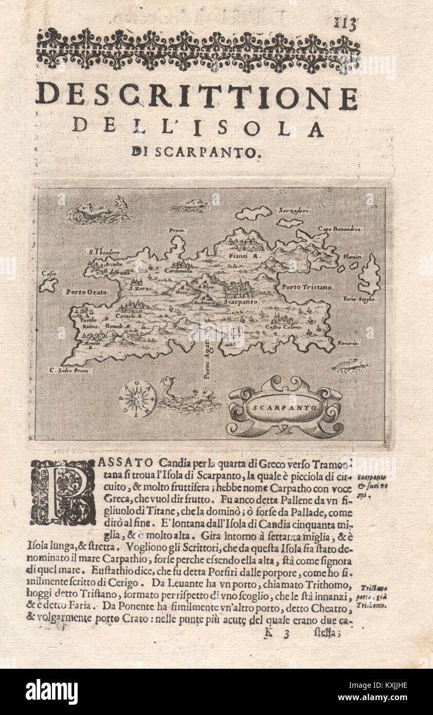 "Escrittione dell'Isola di Scarpanto 'PORCACCHI. Karpathos, Dodekanes 1620 Karte Stockfoto