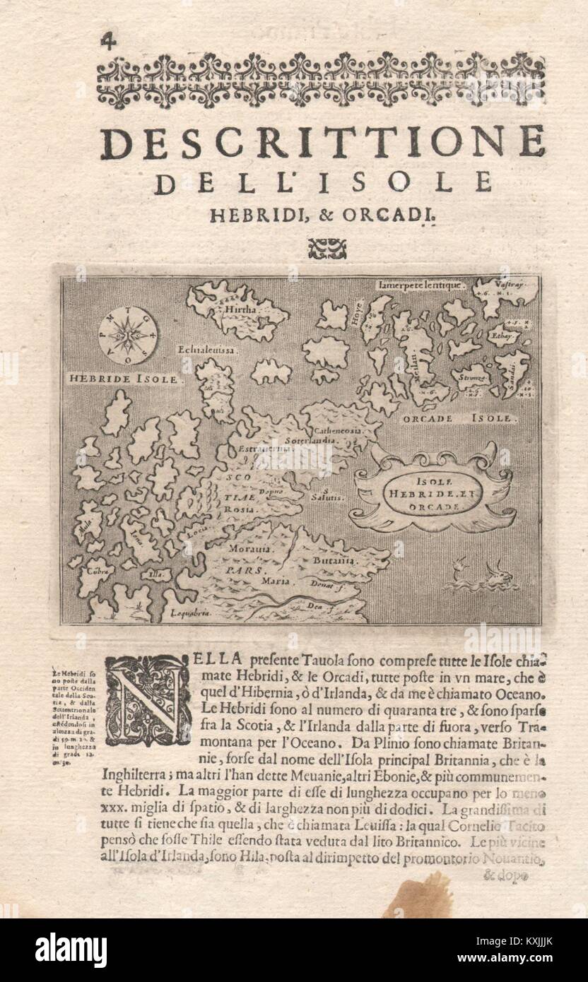"Escrittione dell'Isole Hebridi & PORCACCHI Orcadi'. Hebriden Orkney 1620 Karte Stockfoto