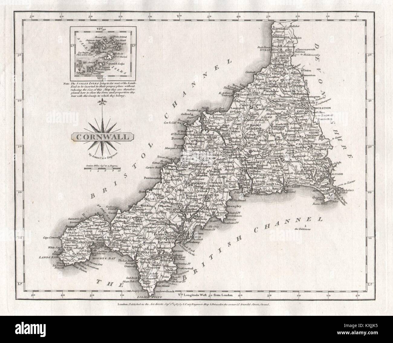 Antike Grafschaft Karte von Cornwall von JOHN CARY alter Plan 1787 Plan Stockfoto