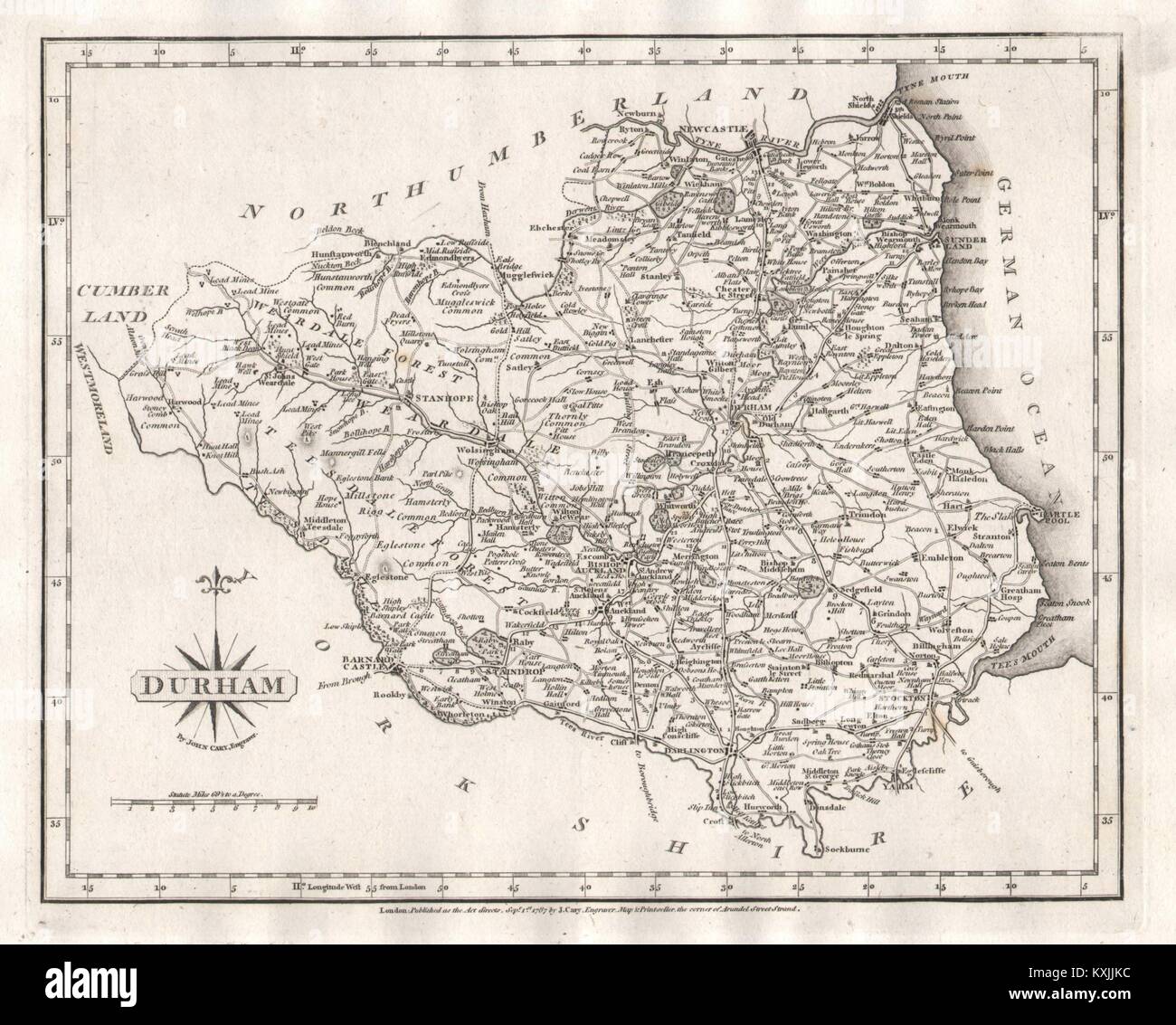 Antike Karte der Grafschaft Durham von JOHN CARY alter Plan 1787 Plan Stockfoto