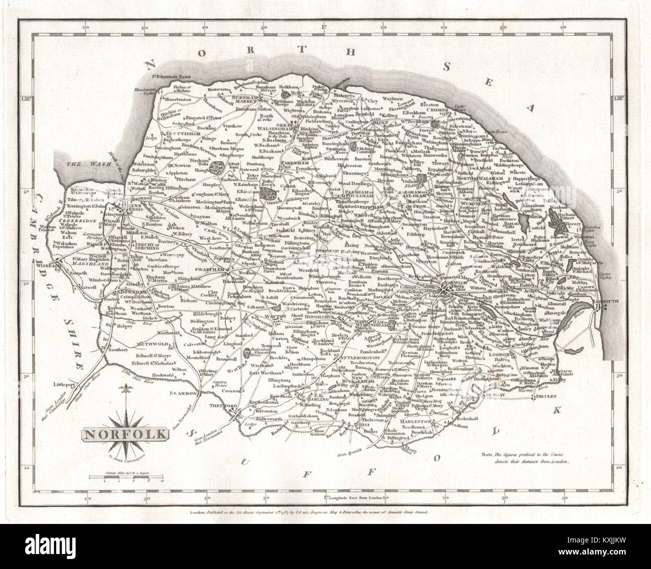 Antike Grafschaft Karte von Norfolk von JOHN CARY alter Plan 1787 Plan Stockfoto