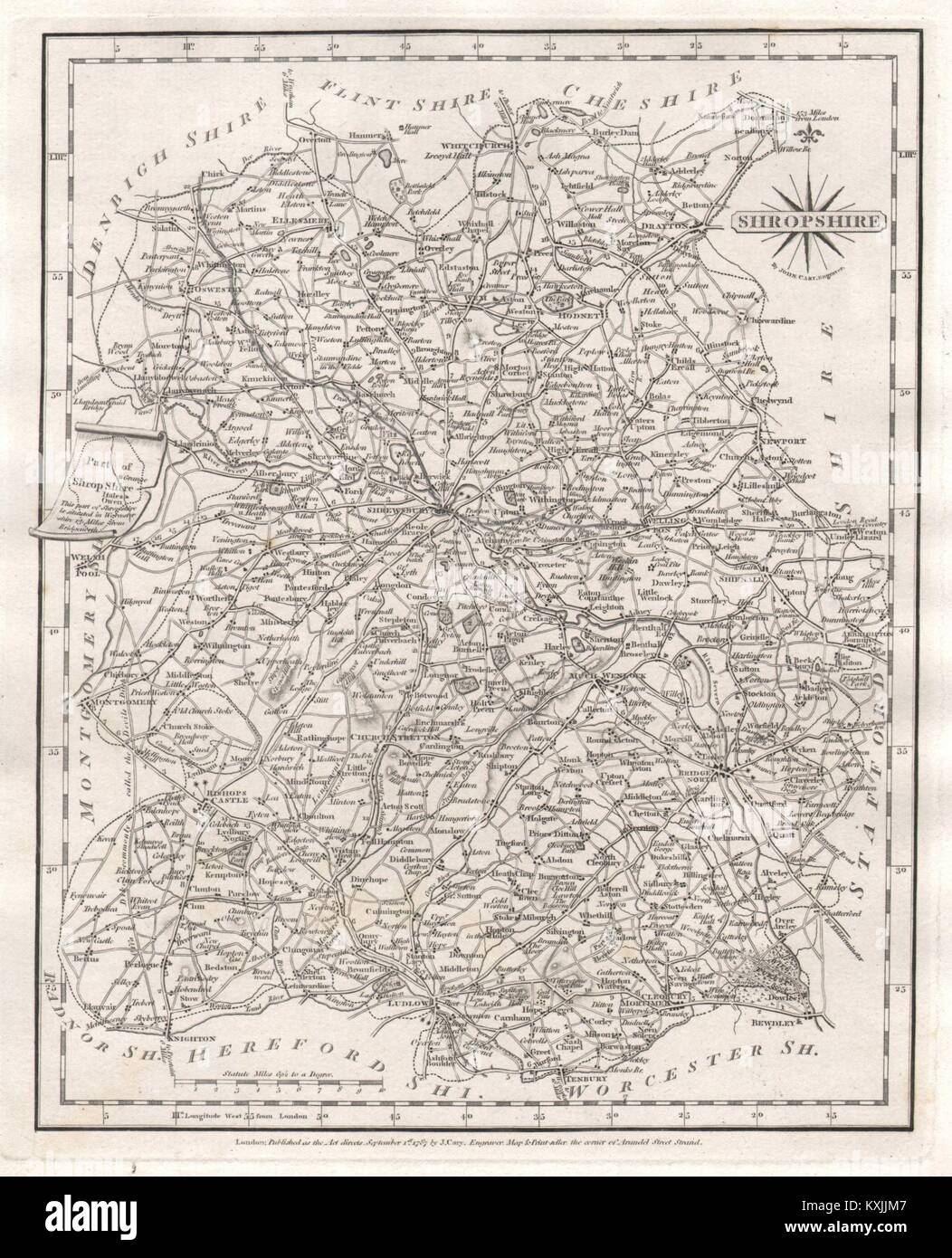 Antike Karte der Grafschaft Shropshire von JOHN CARY alter Plan 1787 Plan Stockfoto
