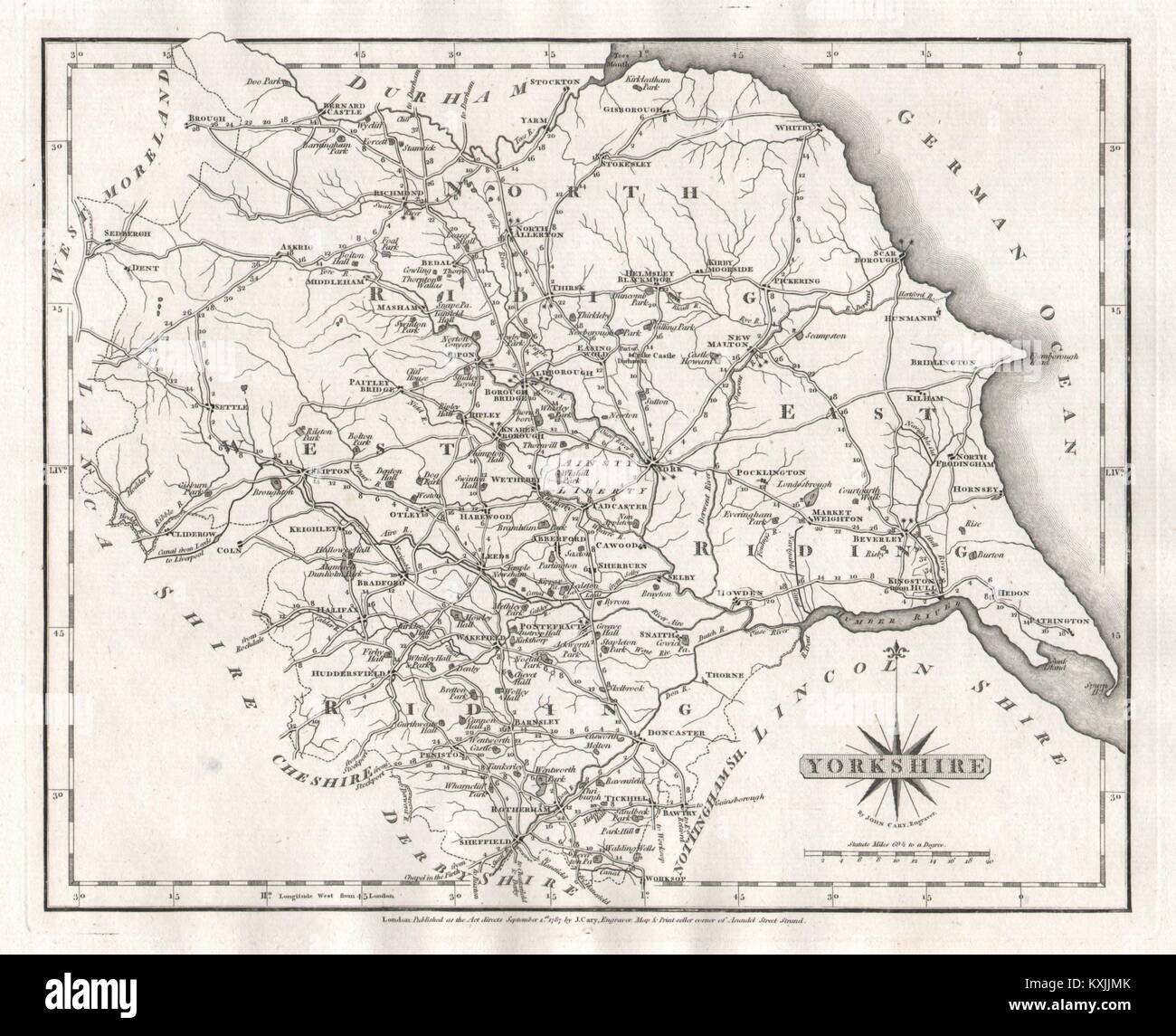 Antike Karte der Grafschaft Yorkshire von JOHN CARY alter Plan 1787 Plan Stockfoto