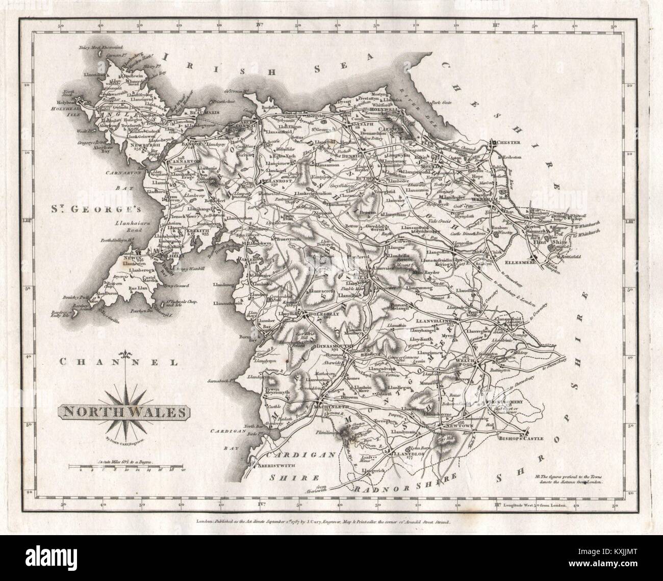 Antike Karte von North Wales von JOHN CARY alter Plan 1787 Plan Stockfoto
