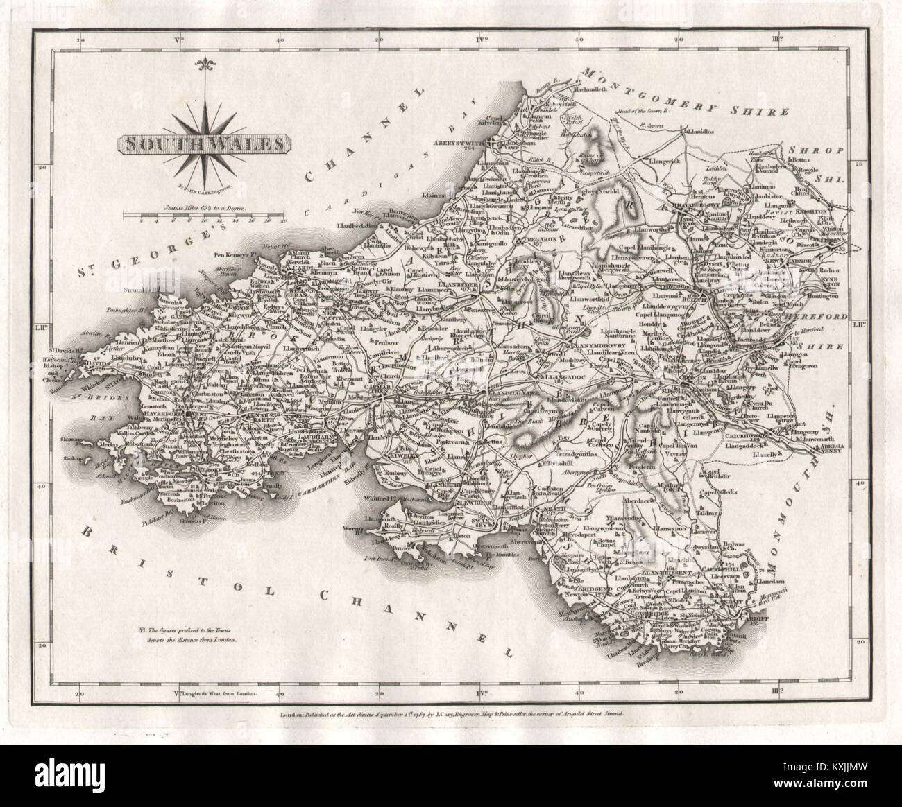 Antike Karte von SOUTH WALES von JOHN CARY alter Plan 1787 Plan Stockfoto