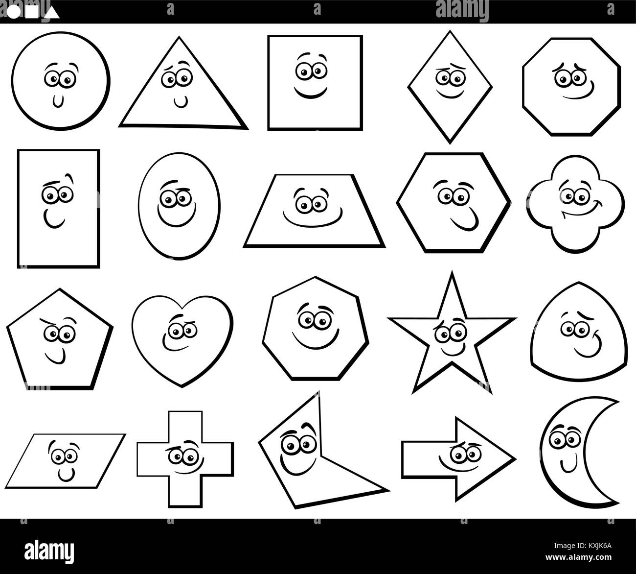 Schwarze und Weiße Cartoon Illustration der grundlegenden geometrischen Formen lustige Figuren für Kinder Bildung Stock Vektor
