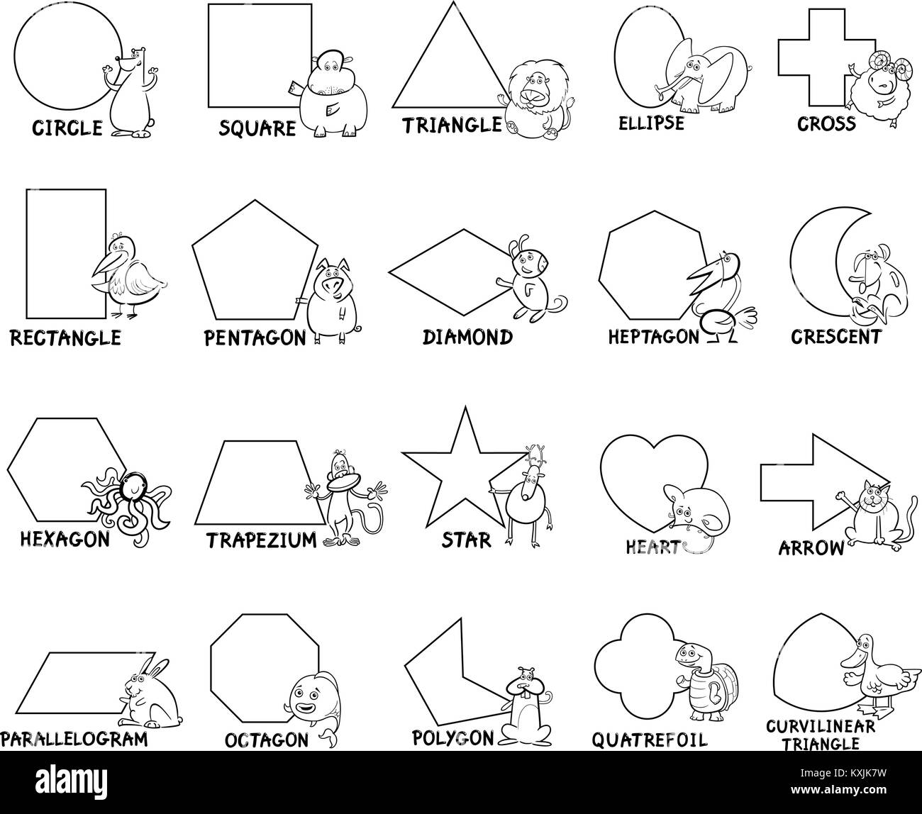 Schwarze und Weiße Cartoon Illustration der Pädagogischen geometrischen Grundformen für Vorschulkinder und Grundschüler mit tierischen Zeichen Stock Vektor