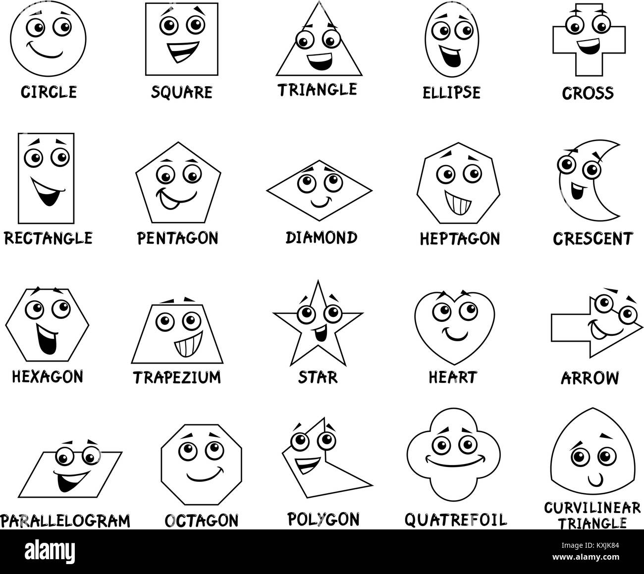 Schwarze und Weiße Cartoon Illustration der Pädagogischen geometrischen Grundformen Zeichen mit Bildunterschriften für Vorschule und Grundschule Kinder Stock Vektor