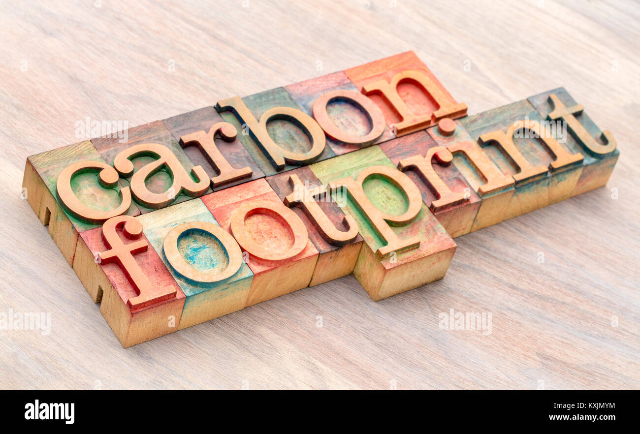 Co2-Fußabdruck word Abstract im Hochdruck Holz Art Klischees Stockfoto