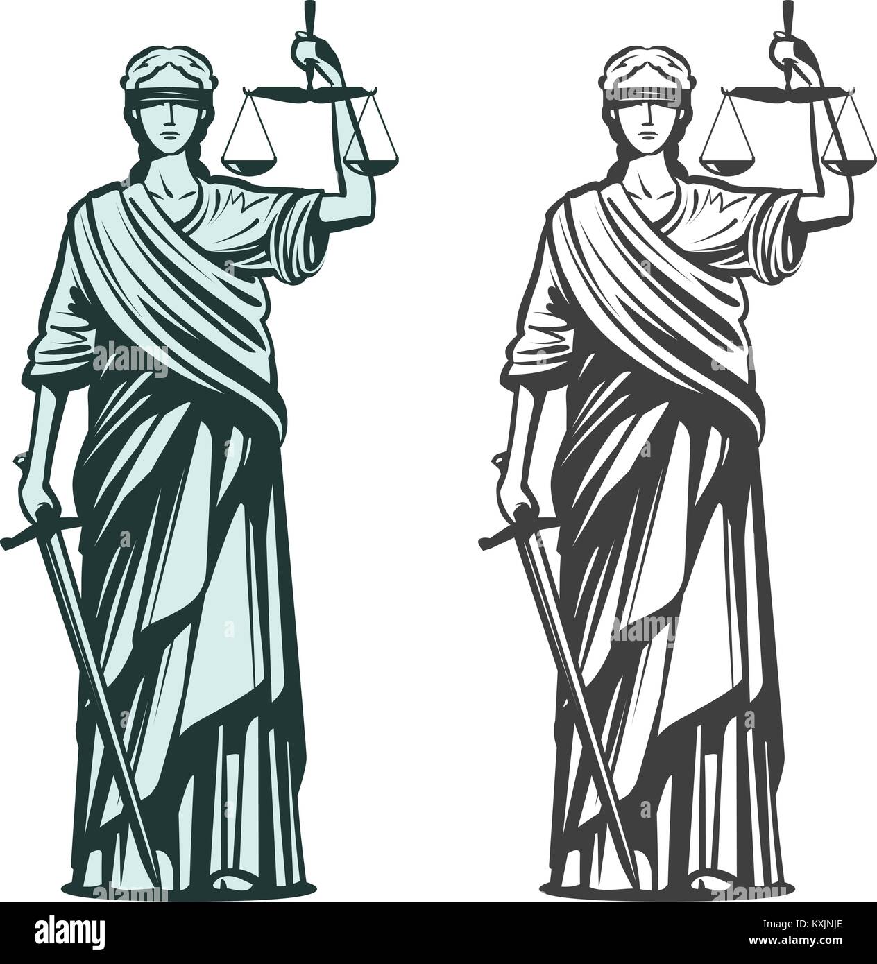 Justiz Symbol. Lady Gerechtigkeit mit verbundenen Augen, Waage und Schwert in den Händen. Skizze Vector Illustration Stock Vektor