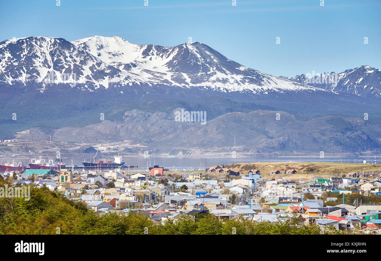 Ushuaia City, die Hauptstadt von Feuerland, allgemein bekannt als die südlichste Stadt der Welt, Argentinien. Stockfoto