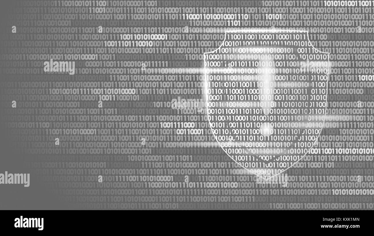 Shield guard Safety System binärer Code fließen. Große Datensicherheit Hacker Angriff computer antivirus Business Konzept Ausrufezeichen Informationen Vector Illustration Stock Vektor