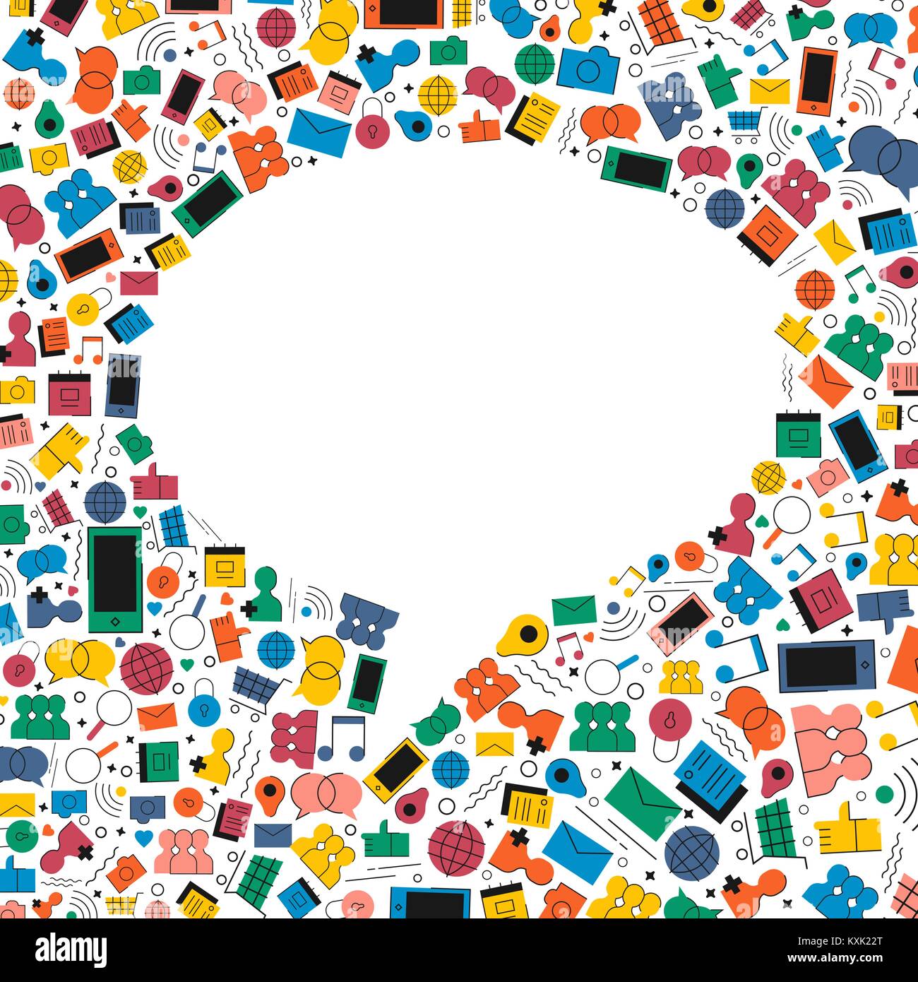 Social Media Online Kommunikation Konzept Abbildung in der modernen flachen Farbe Stil. Chat Ballon Form aus Internet Icons, umfasst wie, Musik, fr Stock Vektor