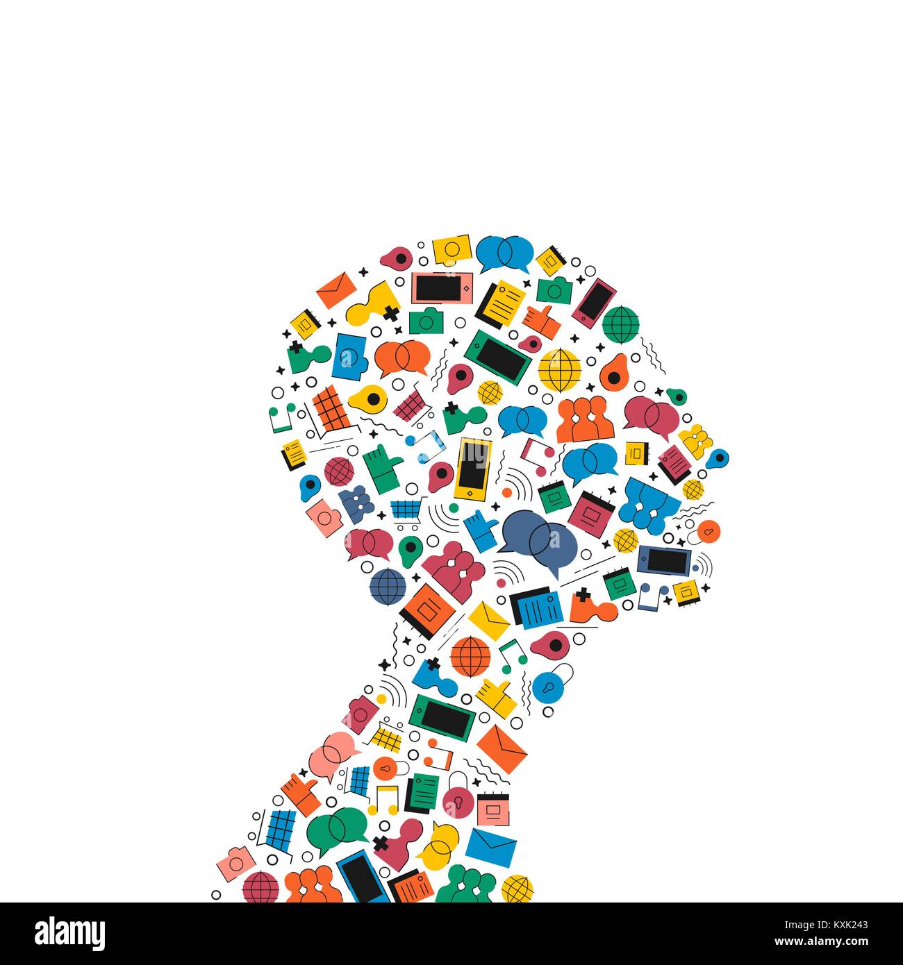 Social Media Network menschlichen Kopf Profil Konzeption Illustration in der modernen flachen Farbe Stil. Person Form aus Internet Icons, umfasst wie, Musik, fr Stock Vektor