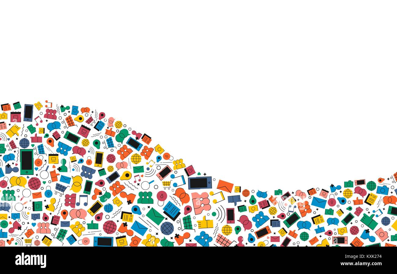 Social Media wave Hintergrund aus bunten Flat Style internet Symbole. Online Kommunikation Abbildung umfasst Musik, Telefon, wie, Chat und Nachr. Stock Vektor