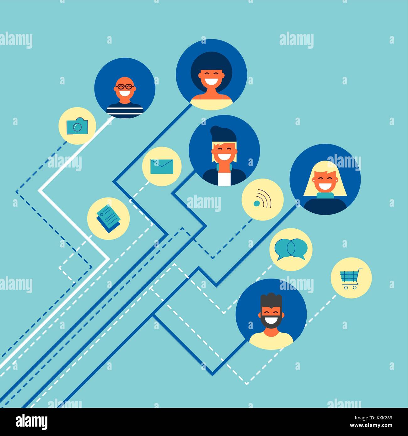 Soziales Netzwerk Konzeption Illustration, Gruppe der multikulturellen Menschen online verbundenen Aktivitäten zu Internet. Mit Chat, E-Mail, Kamera und Messaging Stock Vektor