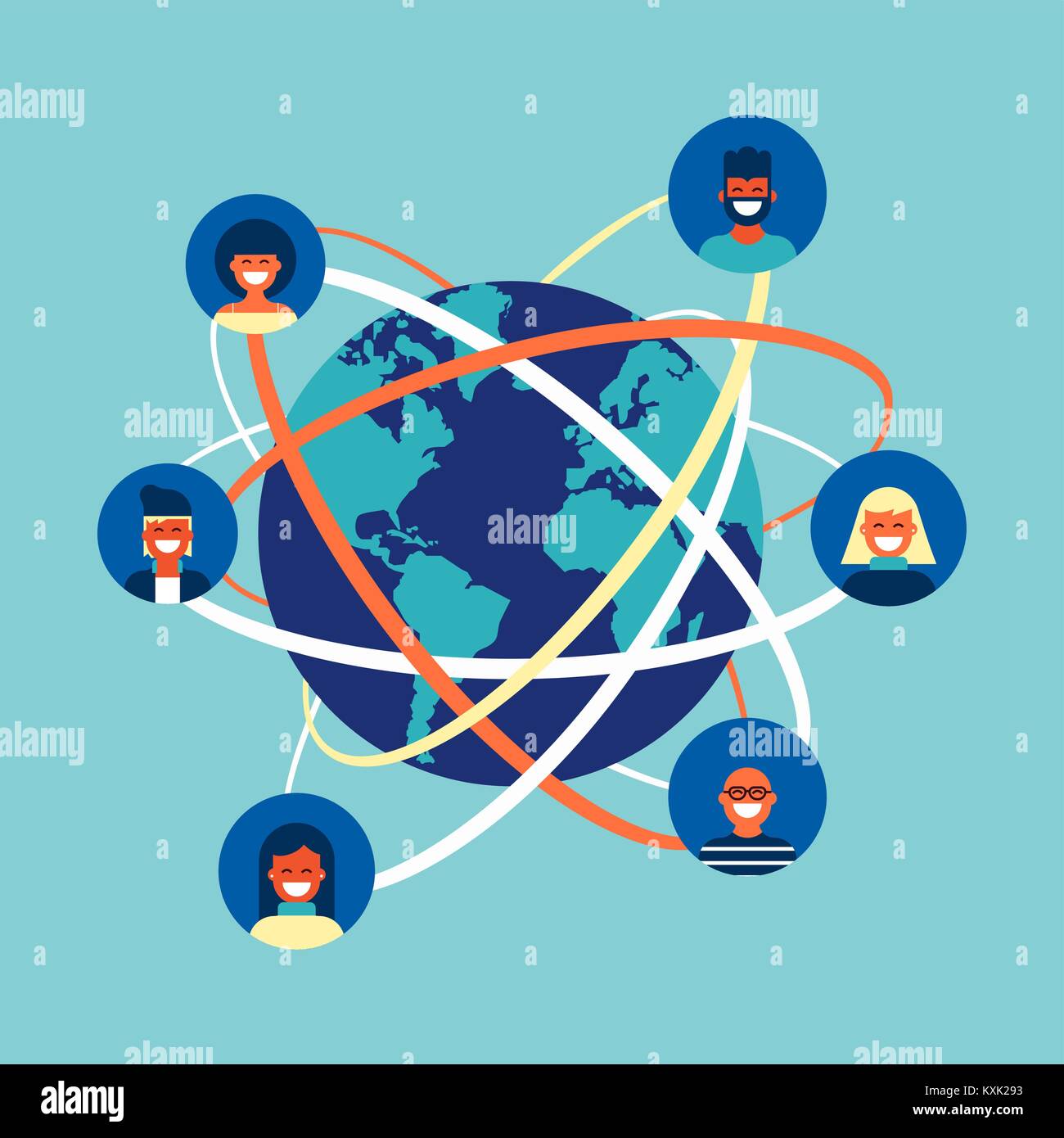 Soziales Netzwerk Welt Verbindung Konzept Abbildung. Team von verschiedenen Leuten online tun Aktivitäten im Internet weltweit. EPS 10 Vektor. Stock Vektor
