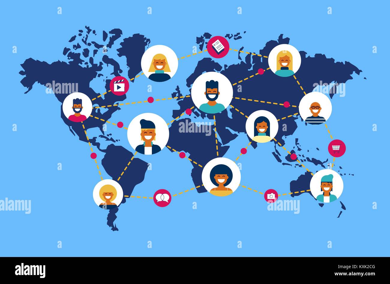 Soziales Netzwerk Welt Verbindung Konzept Abbildung. Team von verschiedenen Leuten online tun Internet Aktivität in weltweit Karte. EPS 10 Vektor. Stock Vektor