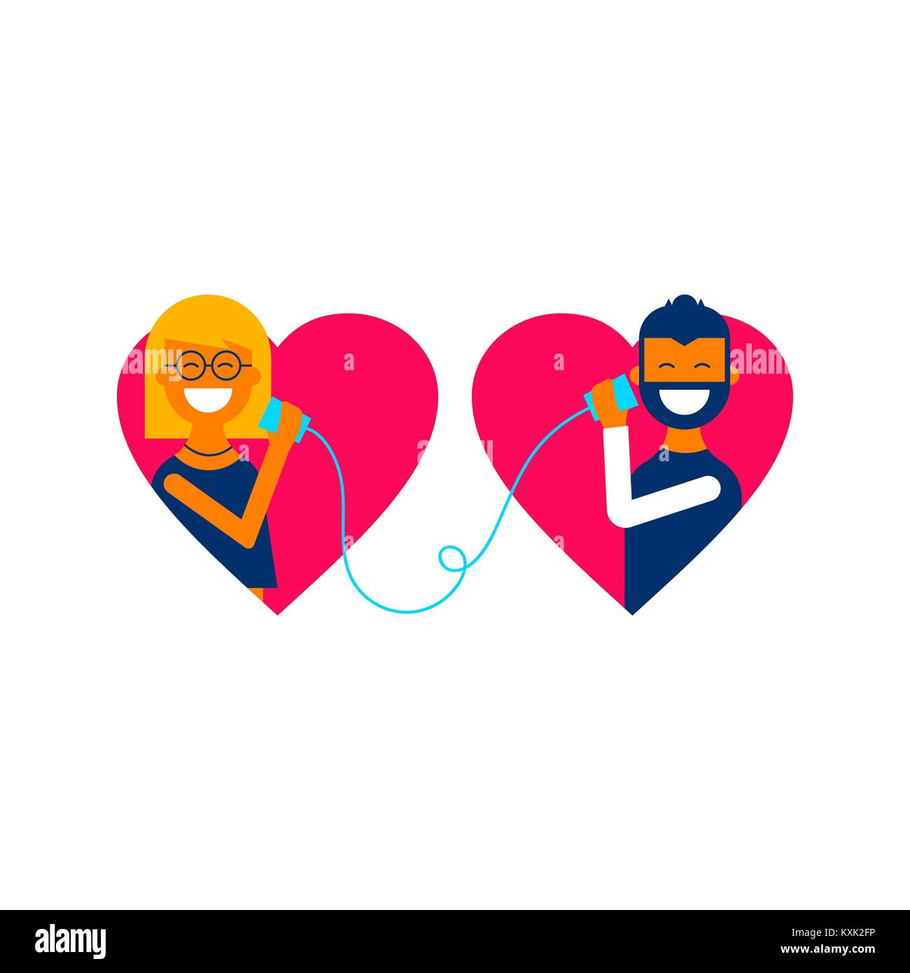 Valentines Tag online Kommunikation Konzept, junge Mann und die Frau, die sich in Herzform Symbole. Moderne Kunst Stil Abbildung. EPS 10 Vektor. Stock Vektor