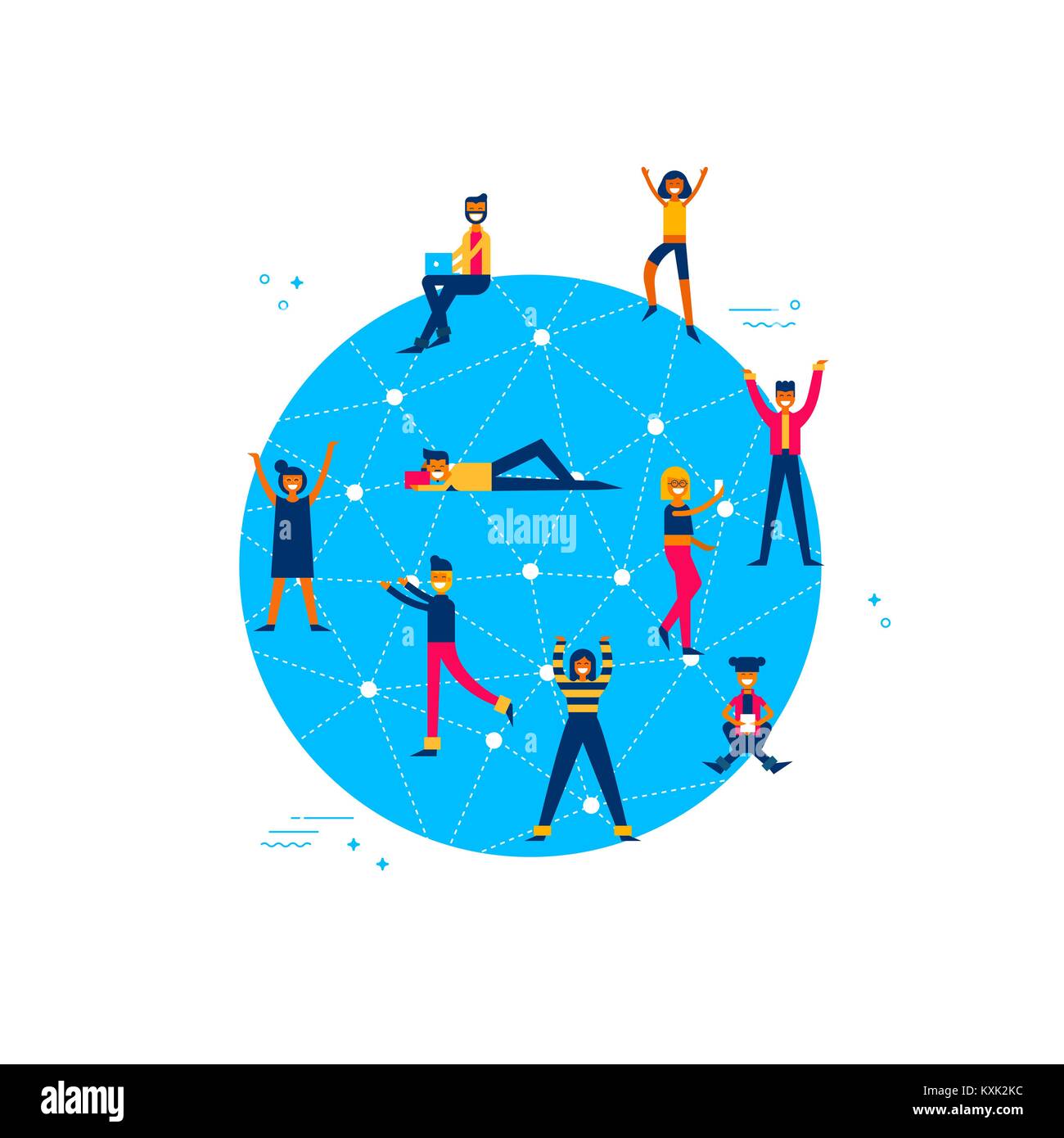 Soziales Netzwerk Welt Verbindung Konzept Abbildung. Gruppe von verschiedenen Leuten online tun Aktivitäten im Internet weltweit. EPS 10 Vektor. Stock Vektor