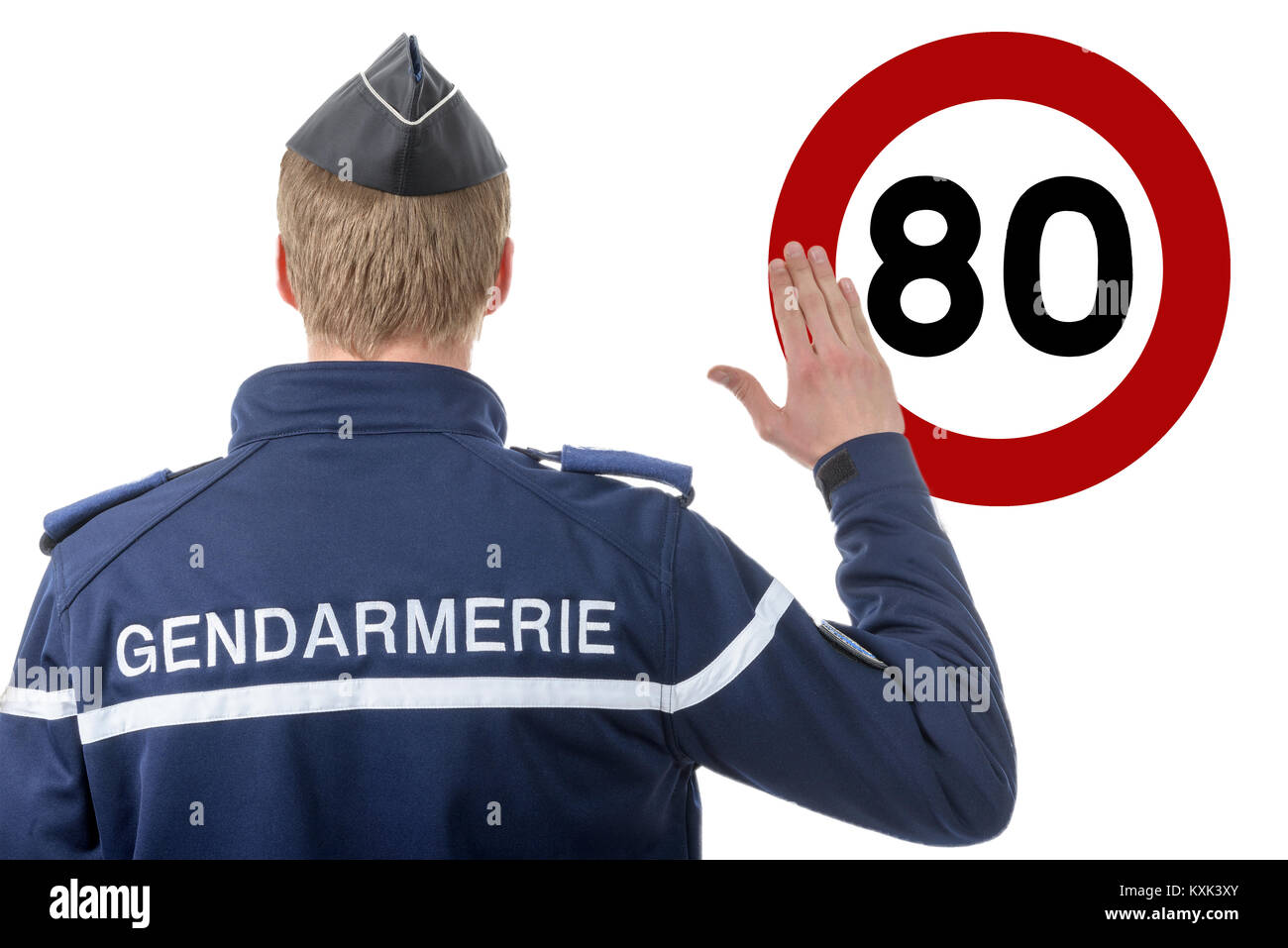 Eine Begrenzung der Geschwindigkeit auf 80 km/h, der französische Polizist auf der Straße Stockfoto