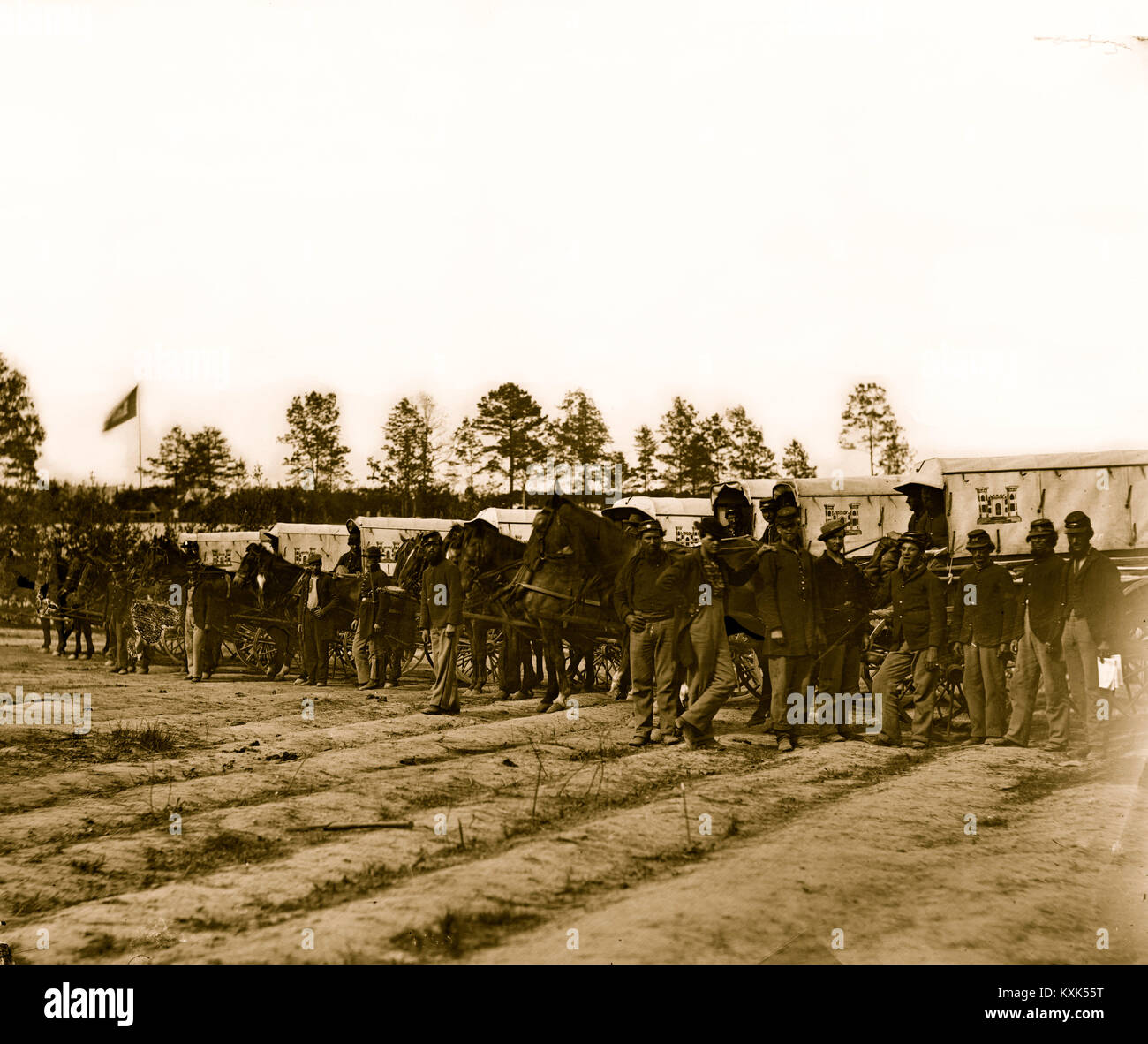 Falmouth, VA. Männer und Waggons des Zuges Ingenieurkorps Krankenwagen Stockfoto