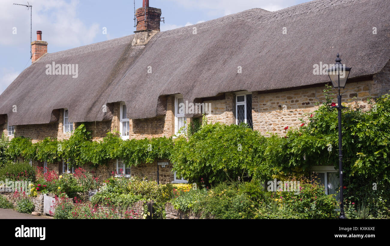 Reetgedeckte Cottages in Kings Sutton, in der Nähe von Banbury, Northamptonshire, England, Grossbritannien, Europa Stockfoto