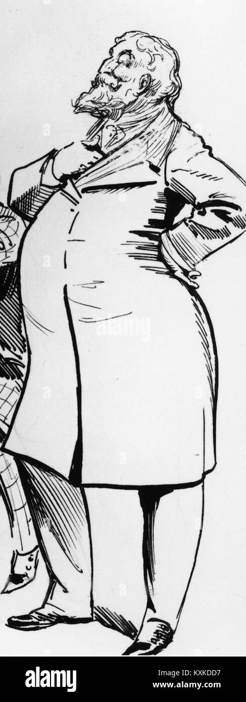 Ein Porträt von Arthur William à Beckett des Künstlers Harry Furniss, das die Gesichtszüge, Kleidung und visuelle Darstellung des Schriftstellers in Illustrationen des späten 19. Oder frühen 20. Jahrhunderts einfängt. Stockfoto